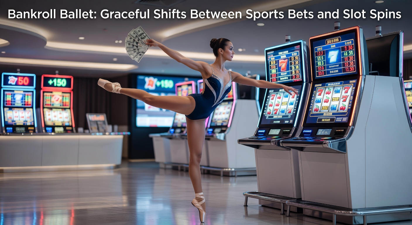 A dynamic illustration of a ballet dancer balancing sports betting tickets and slot machine reels on a stage lit by casino lights, symbolizing graceful bankroll shifts
