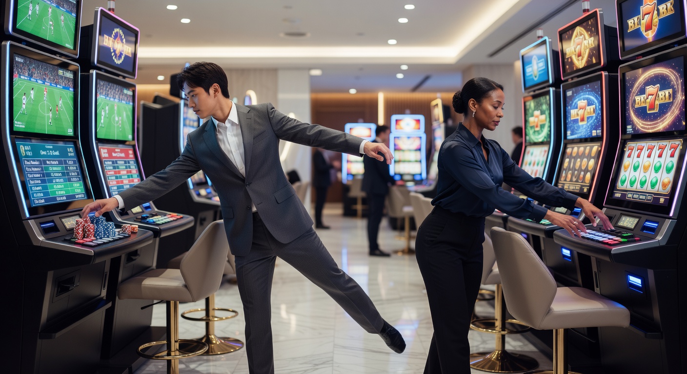 Close-up of hands elegantly placing chips from a sports betting slip into a slot machine tray, with blurred casino background evoking smooth transitions