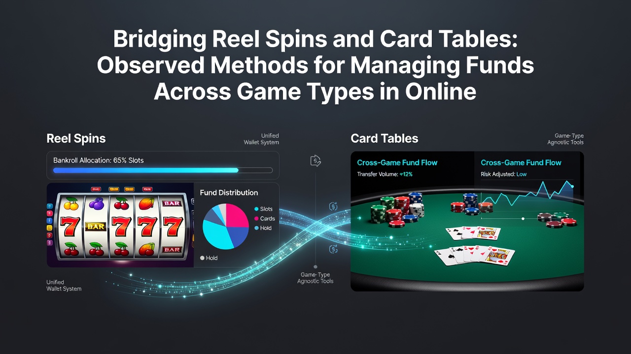 Split-screen view of online slots and blackjack table with overlaid bankroll tracking metrics and transfer arrows