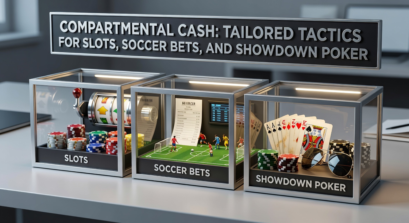 Illustration of divided bankroll compartments showing slots machine, soccer ball, and poker chips separated into color-coded buckets