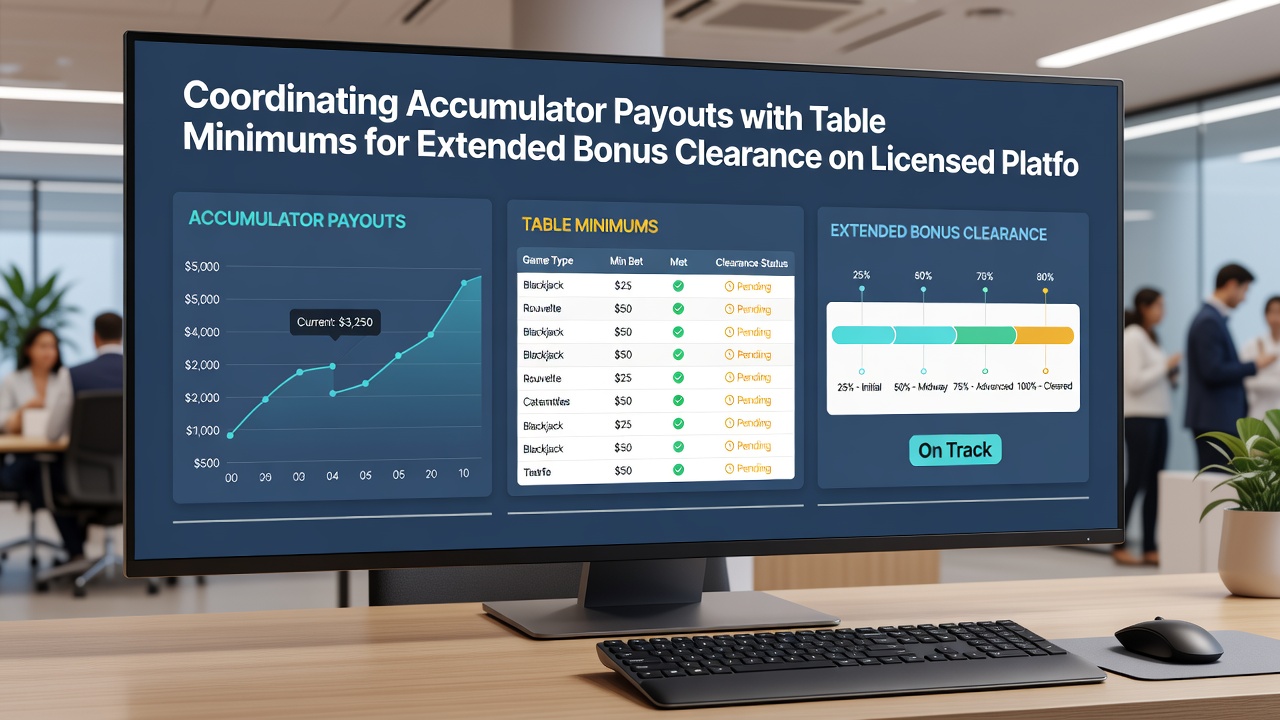 Screenshot of a licensed casino dashboard displaying accumulator balance, table minimum indicators, and bonus progress meter side by side
