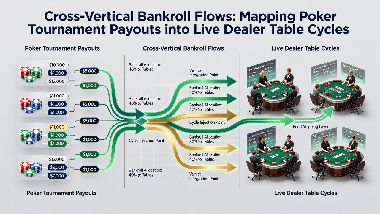 Diagram showing bankroll flow from poker tournament results into ongoing live dealer blackjack and roulette cycles