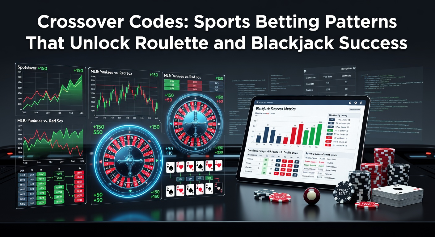 Sports betting charts overlayed on roulette wheel and blackjack table illustrating pattern crossovers