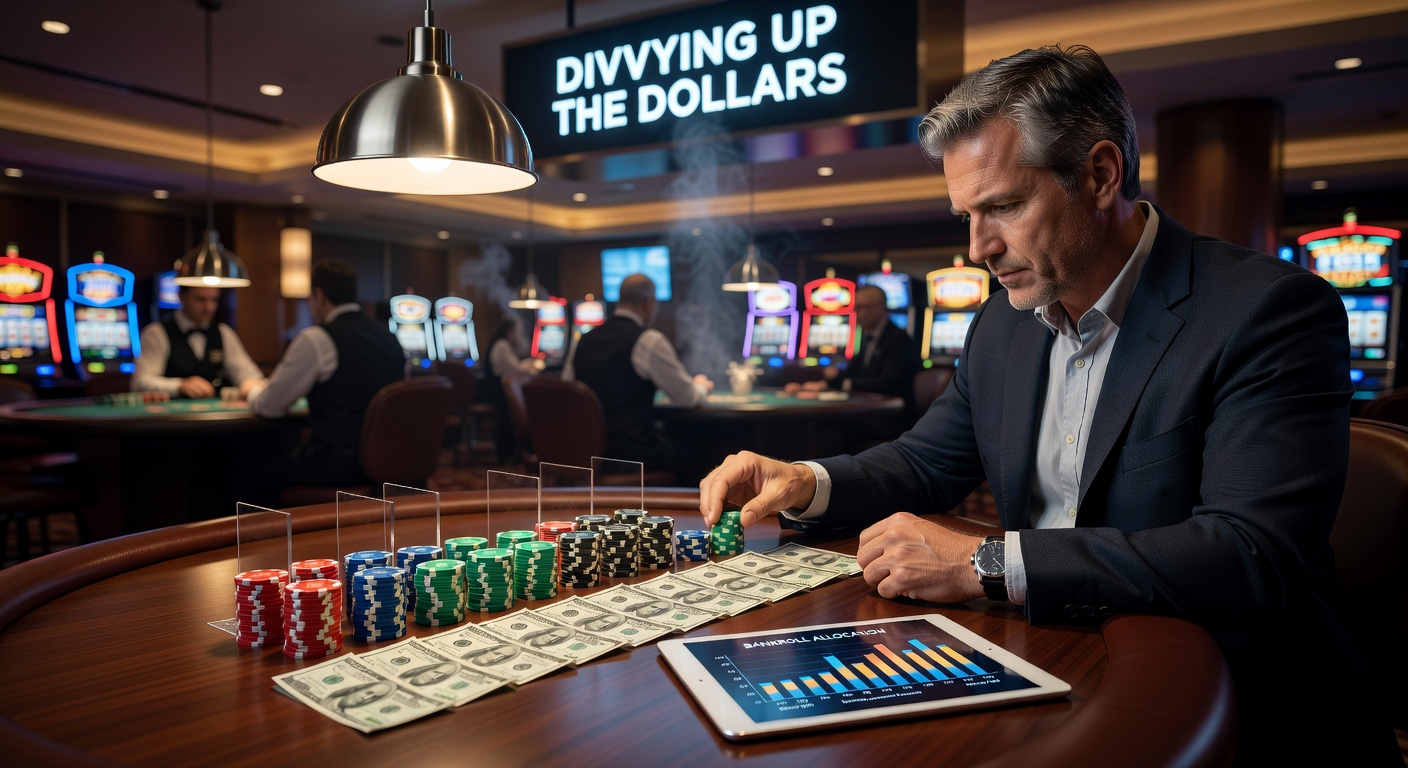 A gambler at a bustling casino table, notebook in hand, meticulously tracking bankroll allocations amid flashing lights