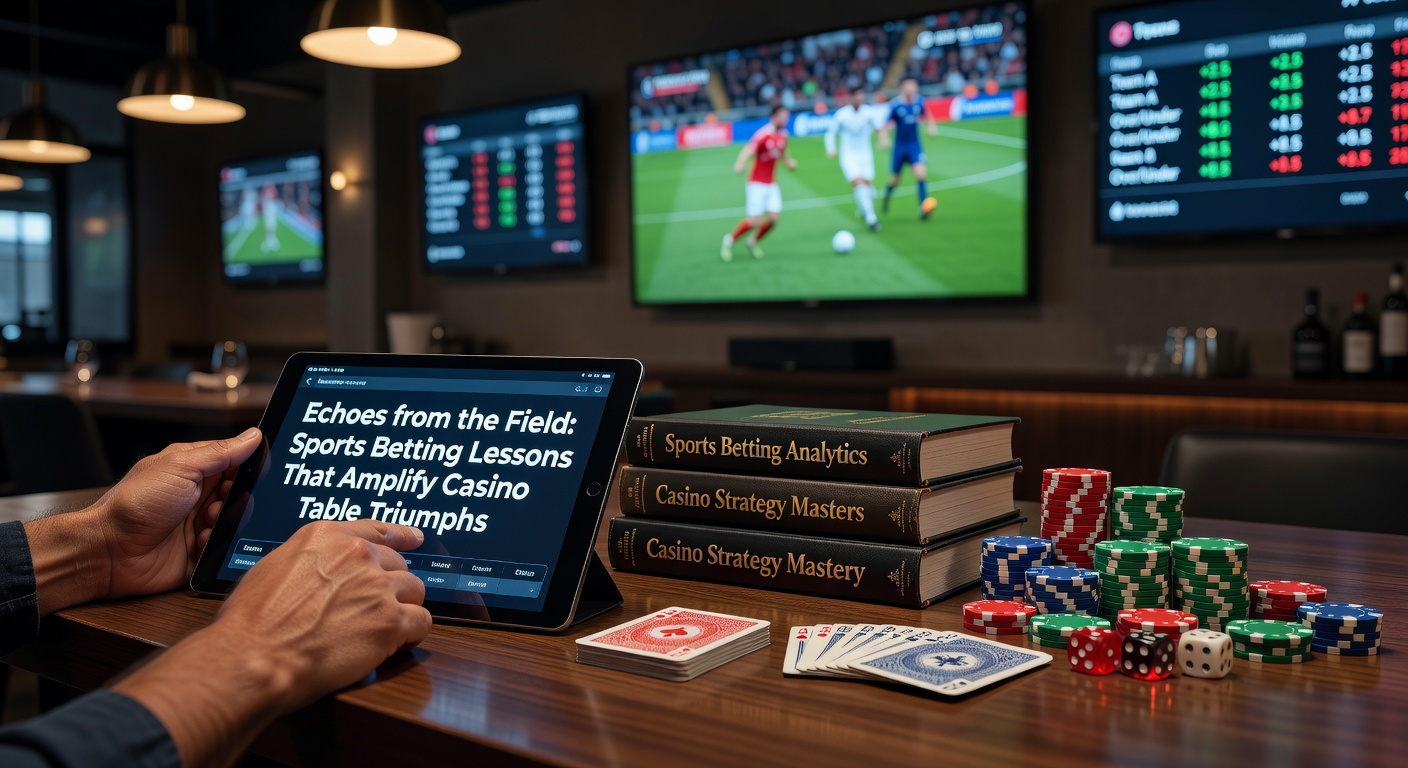 Sports bettor analyzing odds on a screen while casino table games like blackjack and roulette play out in the background, illustrating crossover strategies