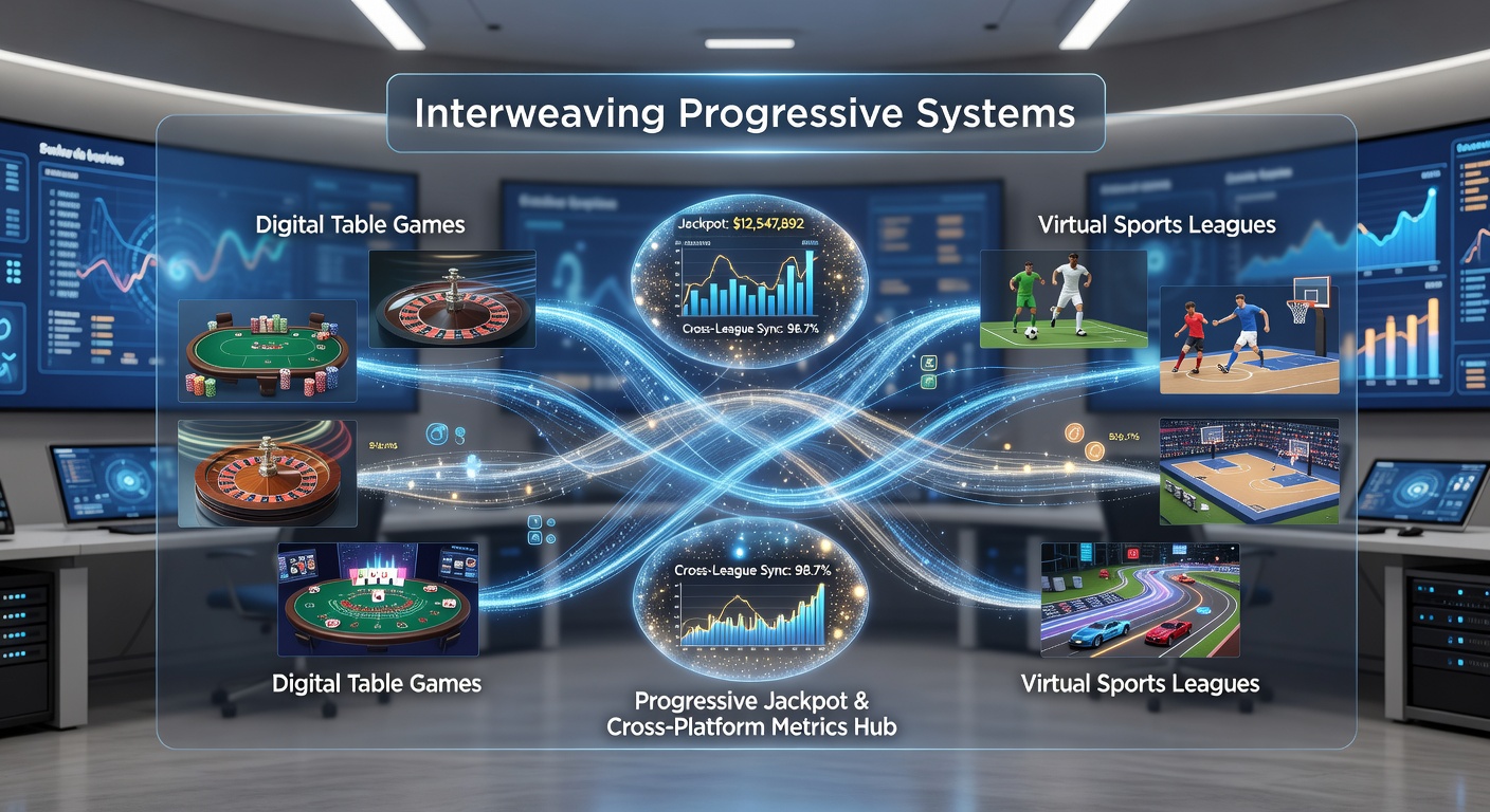 Network diagram illustrating data flow between progressive jackpot controllers, table game servers, and virtual sports engines
