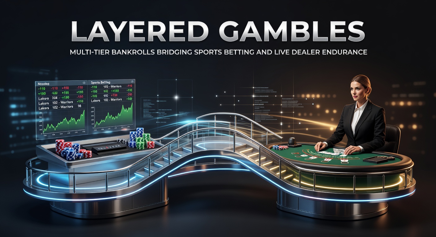 Visual representation of stacked bankroll tiers flowing from sports betting screens to live dealer tables, illustrating endurance strategies