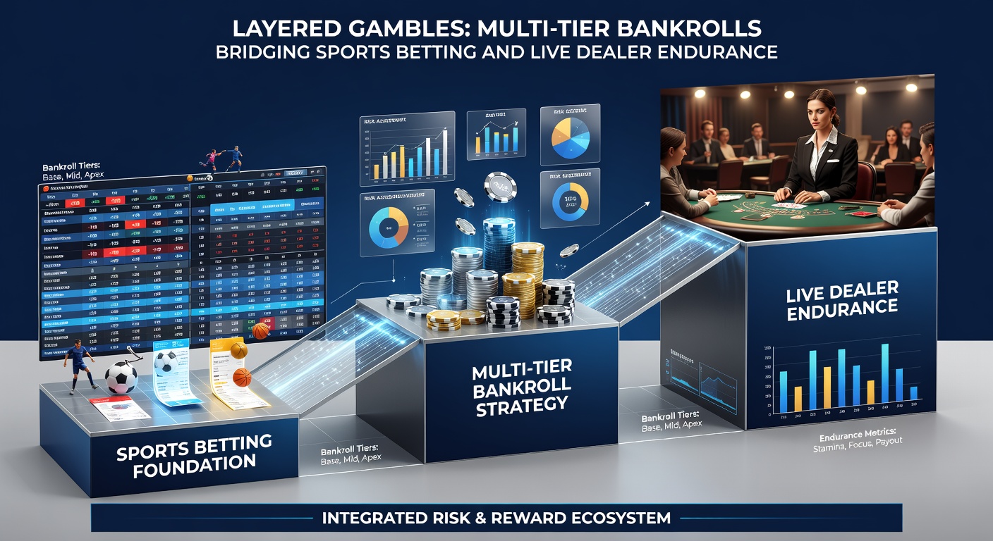 Diagram showing bankroll tiers transitioning from sports betting odds boards to live dealer game interfaces, with arrows depicting fund flows