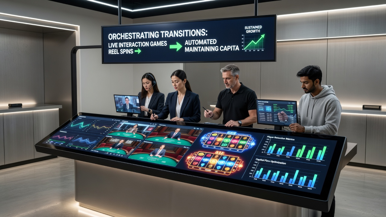 Player at a slot machine reviewing a digital bankroll tracker while live tables operate in the background