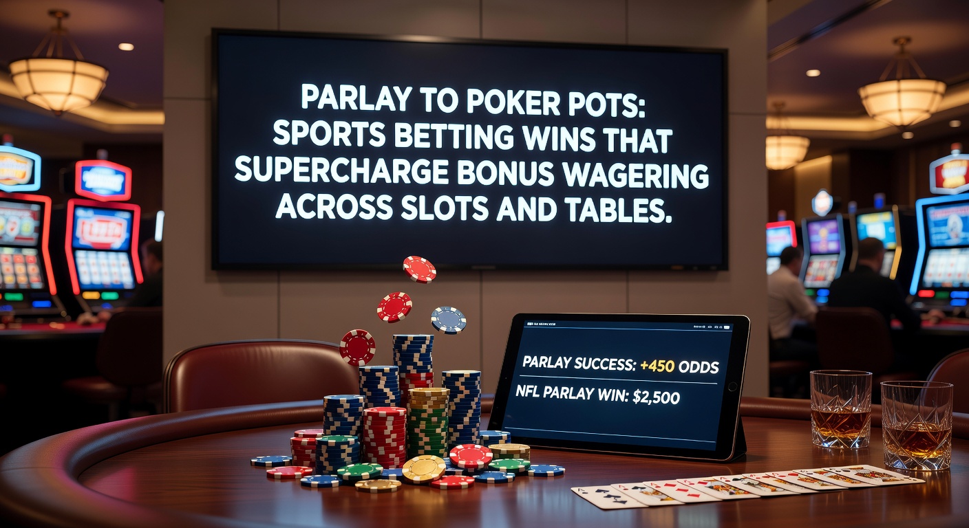 Dynamic illustration of a sports parlay bet transforming into cascading poker chips and slot reels, symbolizing the shift from sportsbook wins to casino bonus action