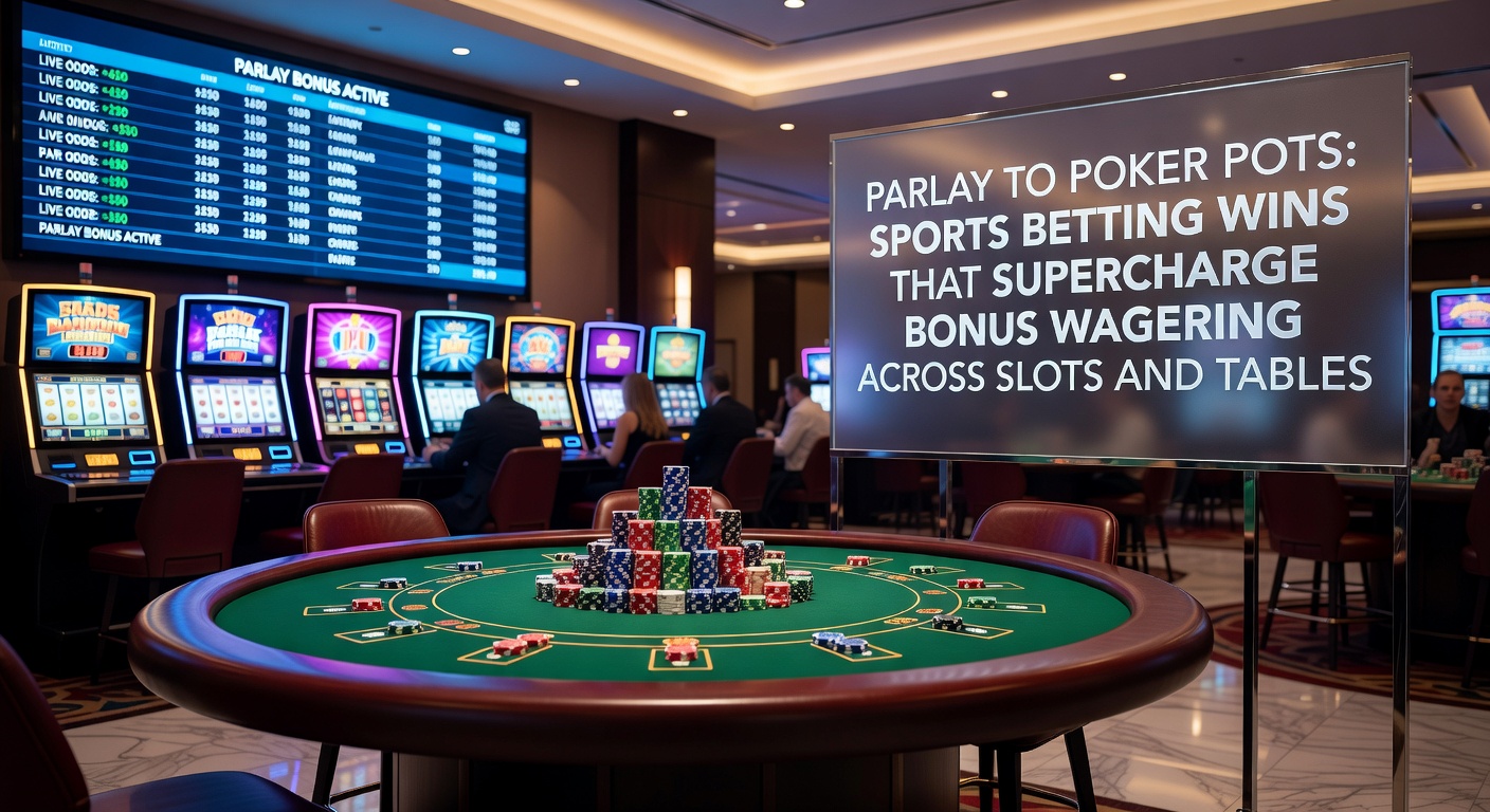 Close-up of slot machine reels spinning with overlaid sports betting slips and poker cards, highlighting the fusion of betting wins into casino volatility