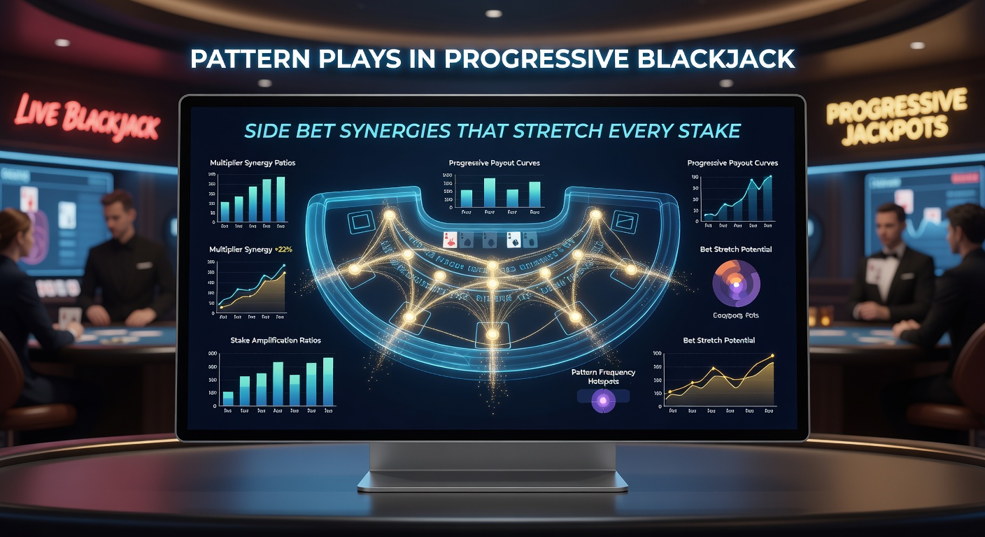 Close-up of a winning progressive side bet hand on a digital blackjack interface, with multiple payout lights flashing and jackpot ticker updating in real time
