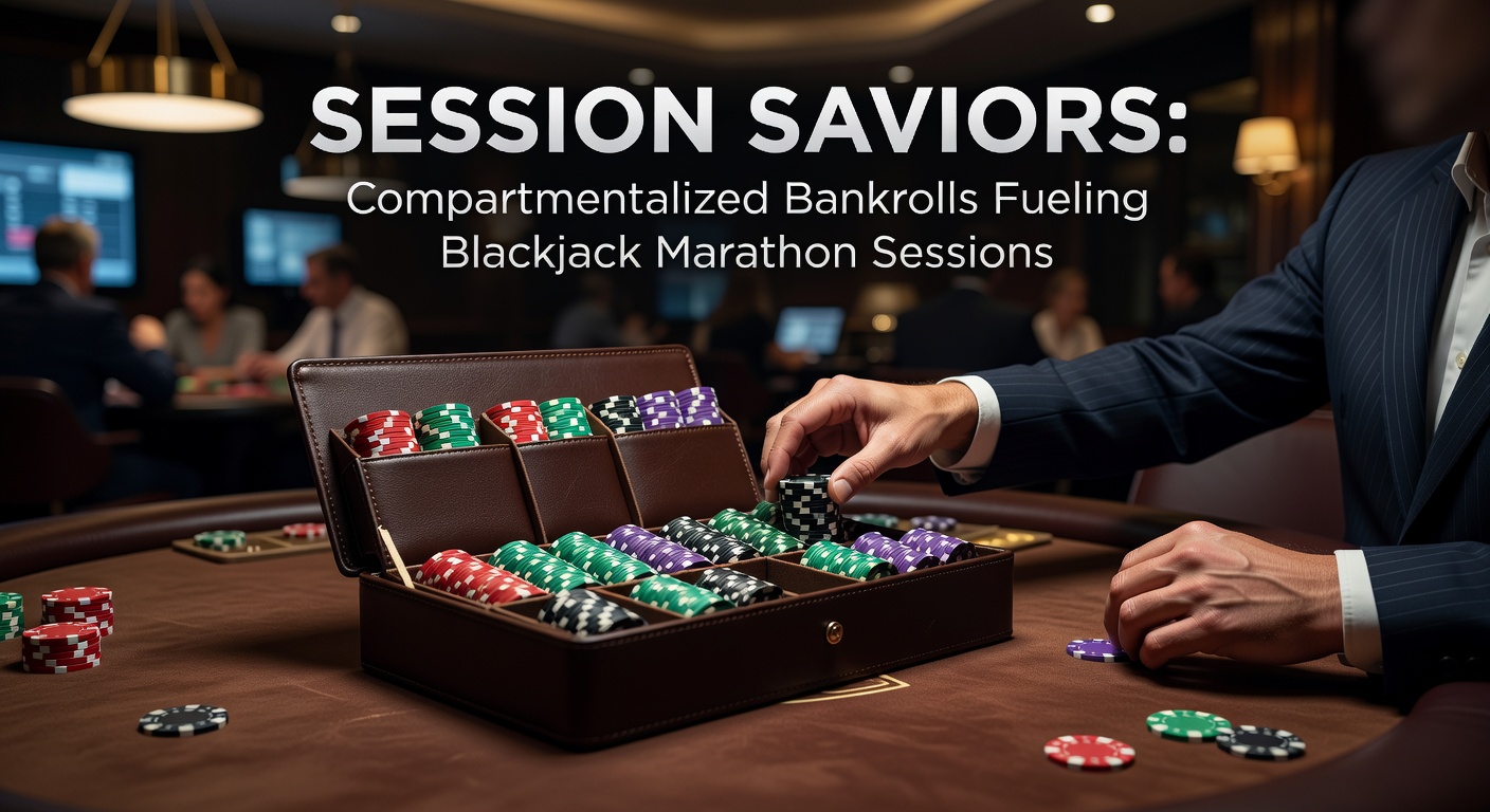Vibrant blackjack table setup with stacks of colored chips divided into distinct compartments, symbolizing structured bankroll management during extended sessions