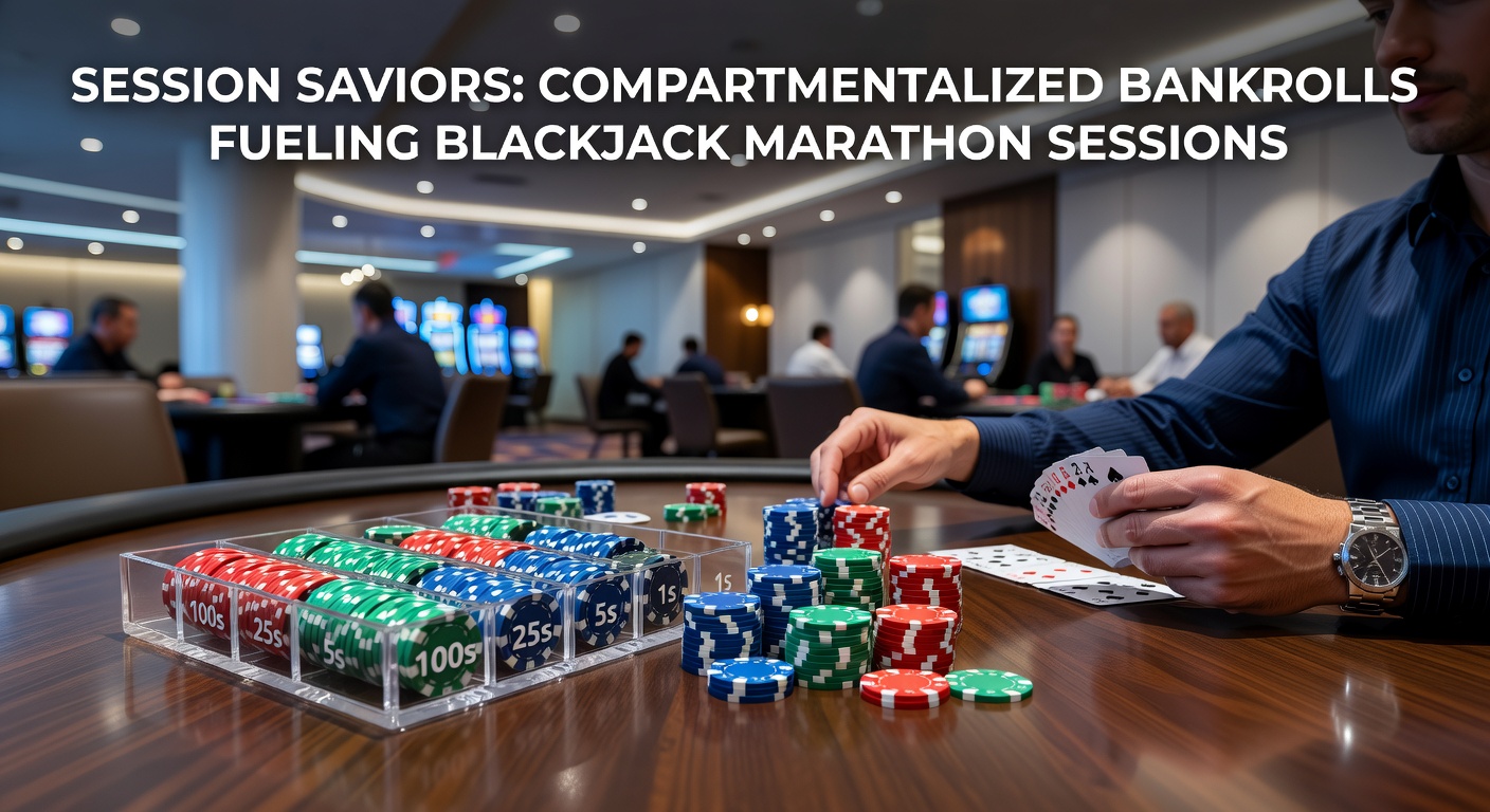 Close-up of a player's hand organizing poker chips into neat piles on a green felt blackjack table, illustrating precise bankroll division for sustained sessions
