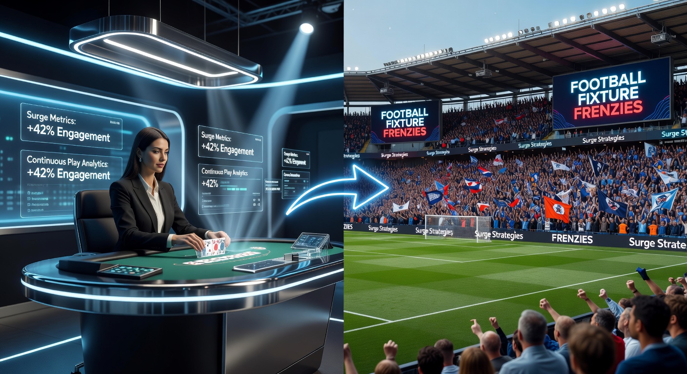 Infographic illustrating bankroll division with arrows flowing from live dealer icons to football pitch graphics, highlighting surge transfer points