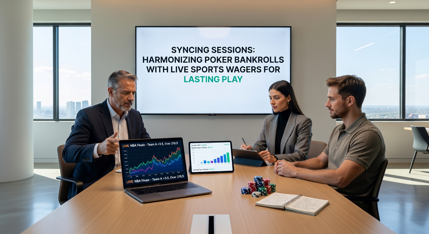 A digital dashboard displaying synced poker and live sports betting stats, with graphs showing balanced bankroll progression