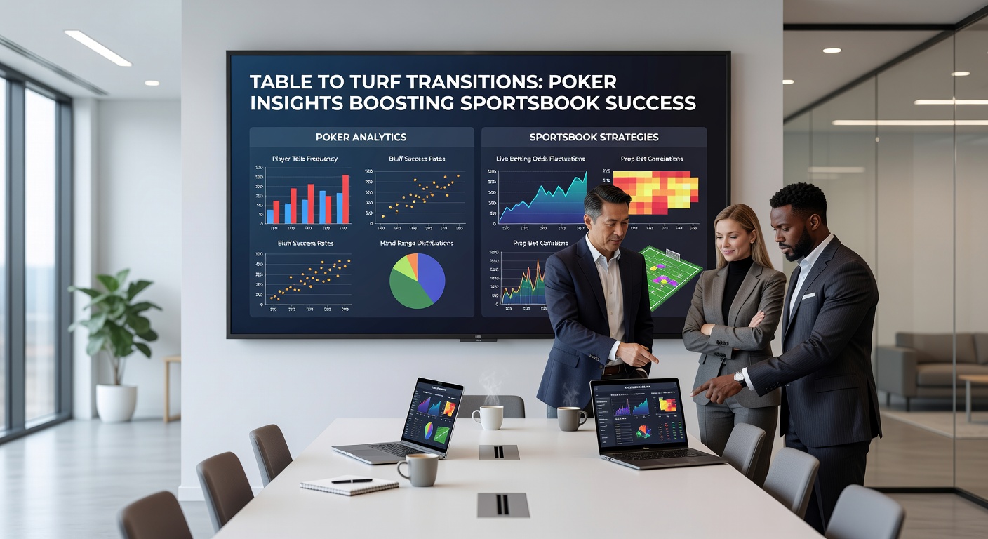 Sportsbook display with betting percentages and odds shifting like poker tells, overlaid with card game elements